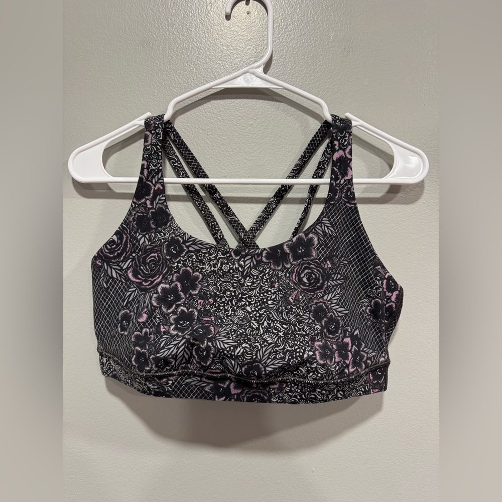 Lululemon Energy Bra in Trellis Bloom Energy Bra Ice Grey Black Size 10
